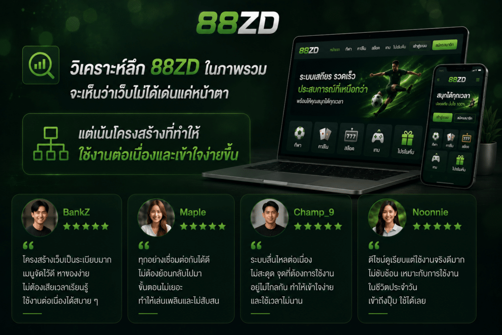 วิเคราะห์ลึก 88ZD ในภาพรวม จะเห็นว่าเว็บไม่ได้เด่นแค่หน้าตา แต่เน้นโครงสร้างที่ทำให้ใช้งานต่อเนื่องและเข้าใจง่ายขึ้น
